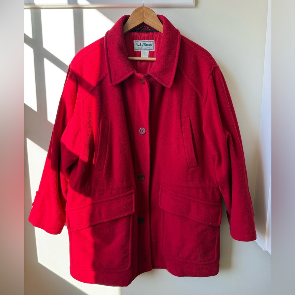 LL BEAN Red Wool Blend Vintage Jacket Thinsulate Chore‎ Pockets Classic L Petite